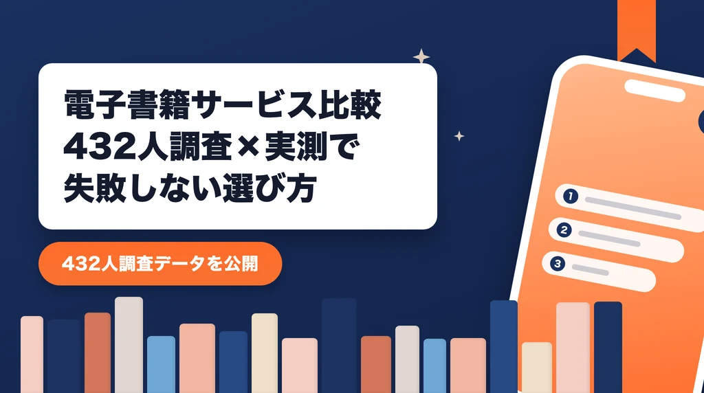 電子書籍サービスおすすめ比較のアイキャッチ画像。432人調査と実測データで選び方を紹介する記事であることを示すデザイン