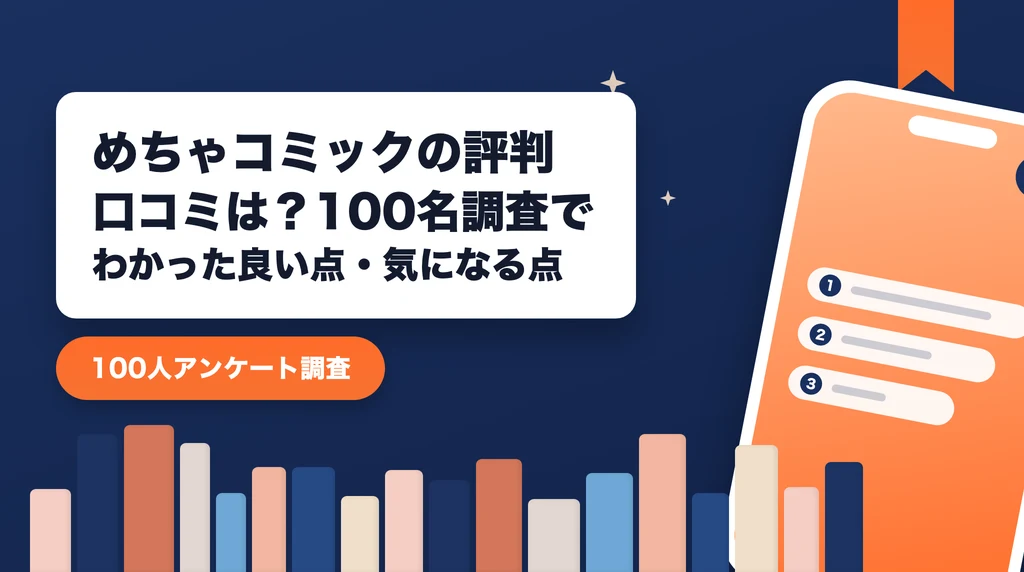 めちゃコミックの評判記事のアイキャッチ画像。100人調査でわかった良い点と気になる点を紹介する記事であることを示すデザイン